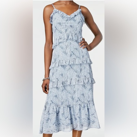Michael Michael Kors Womens Ruffle Trimmed Midi Dress True Navy/Light - Picture 1 of 9
